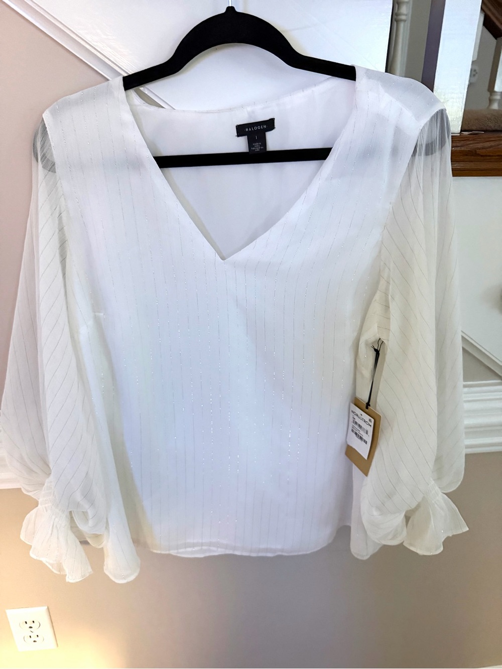 Halogen White V-Neck Sheer Sleeve Blouse NWT
